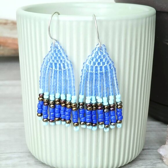 Blue Beaded Fringe Dangle Earrings, 2" - Picture 3 of 6